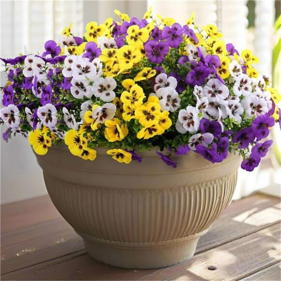 Artificial Pansy Flowers Outdoor UV Resistant Faux Plants for Porch Patio Decor - Picture 1 of 8
